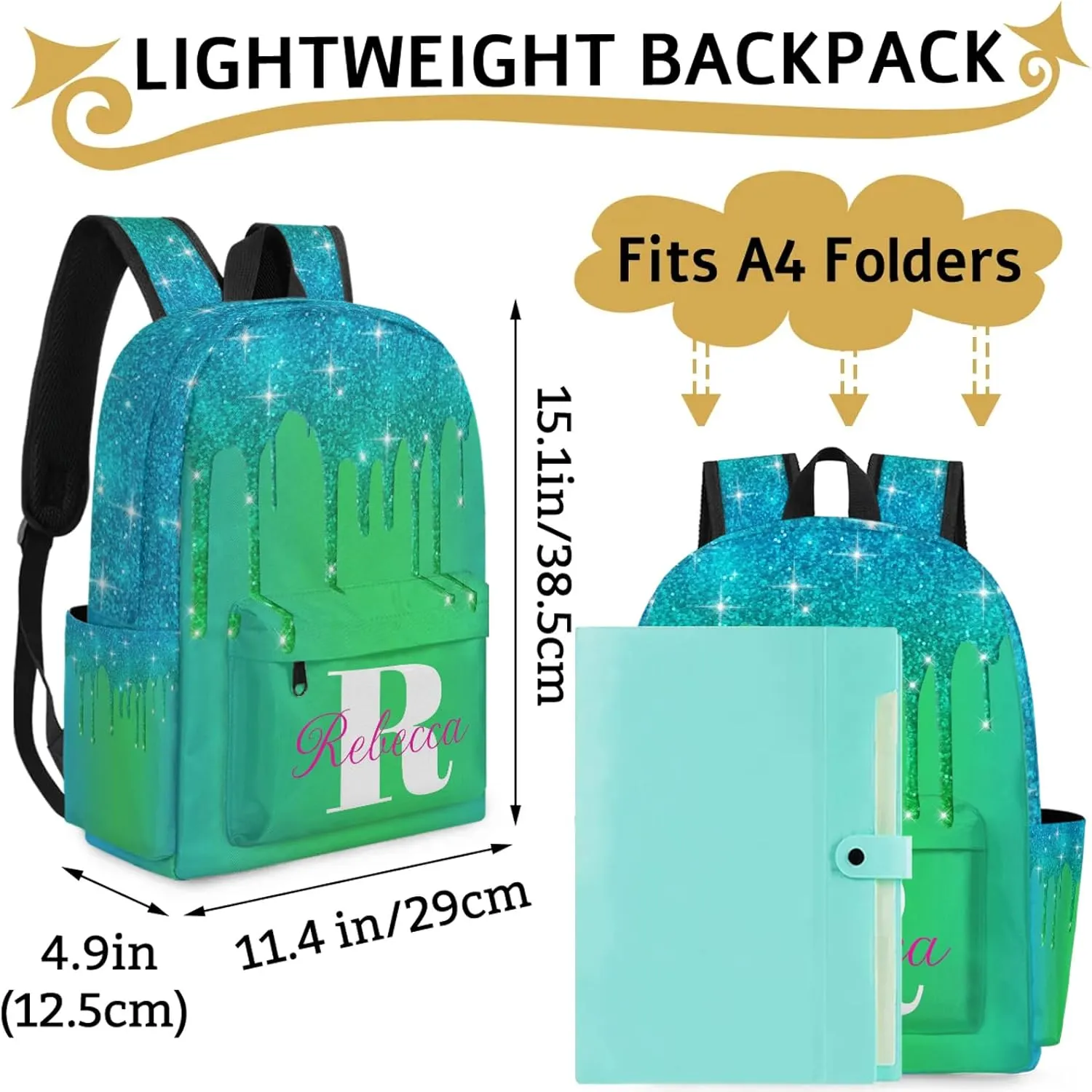 Custom Backpack with Initial & Name Personalized Shoulder Bag for Women Men Waterproof Travel Casual Backpack 15.1in, Blue Green