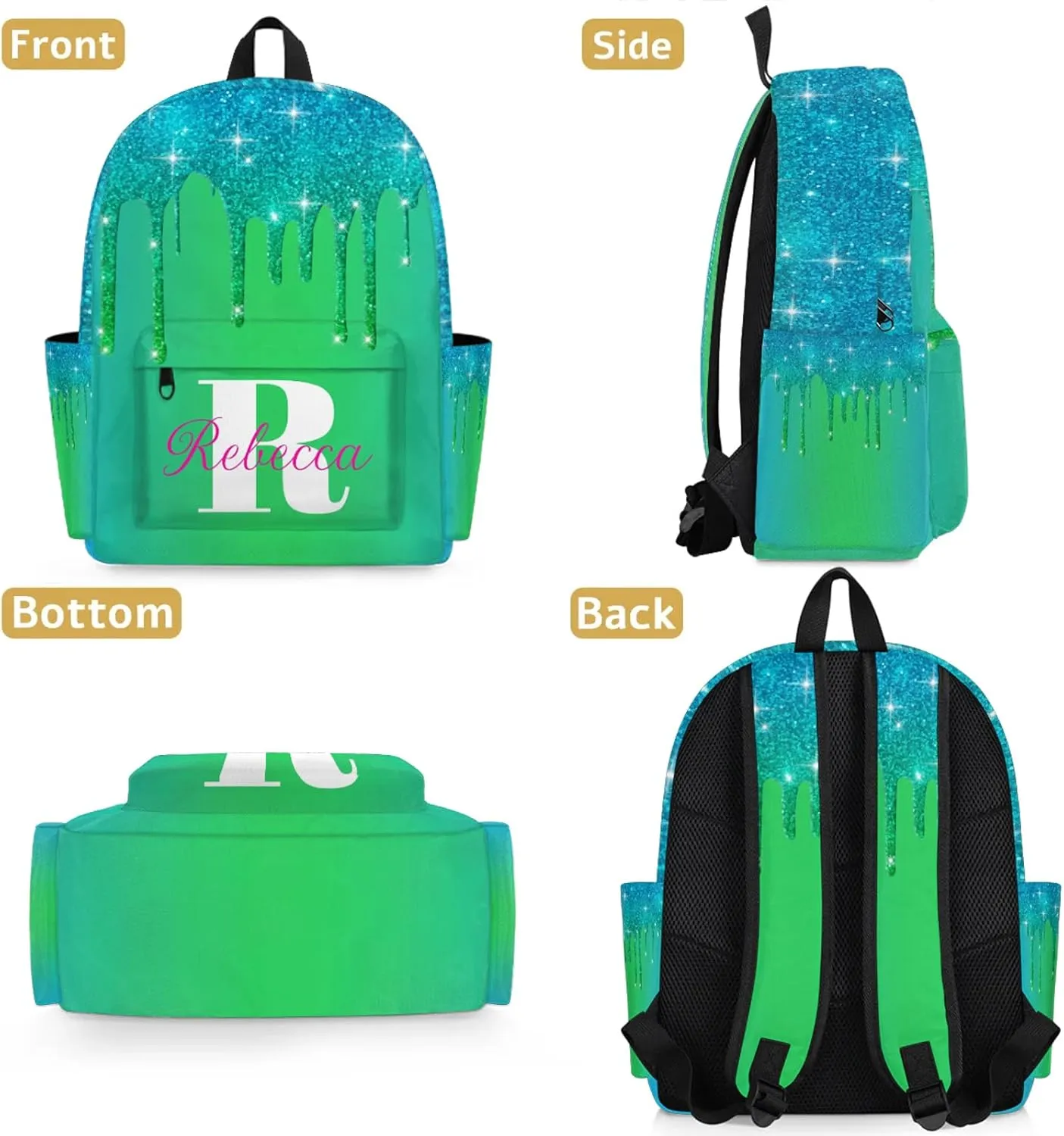 Custom Backpack with Initial & Name Personalized Shoulder Bag for Women Men Waterproof Travel Casual Backpack 15.1in, Blue Green