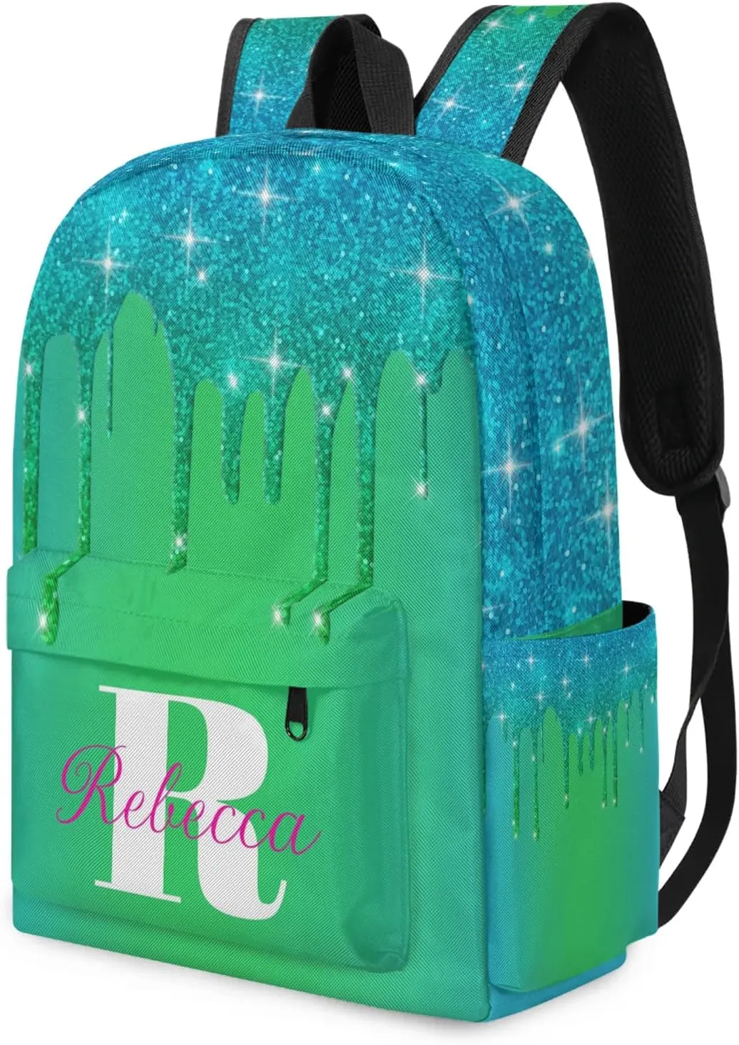 Custom Backpack with Initial & Name Personalized Shoulder Bag for Women Men Waterproof Travel Casual Backpack 15.1in, Blue Green