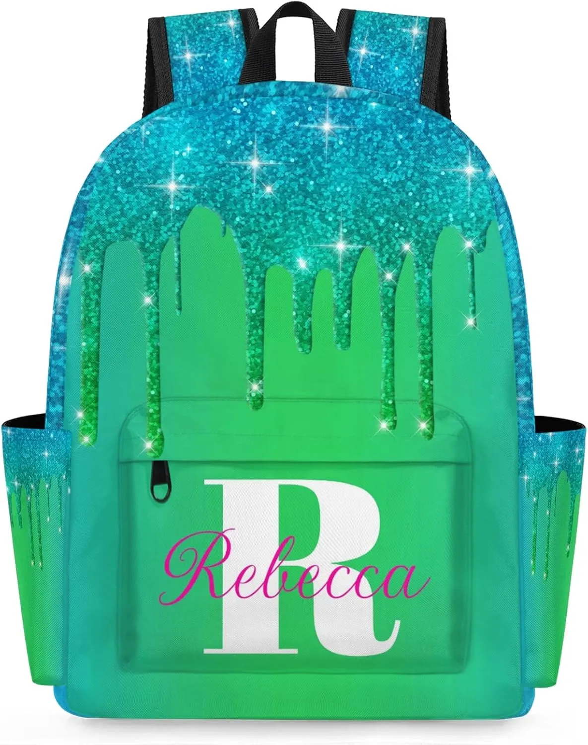 Custom Backpack with Initial & Name Personalized Shoulder Bag for Women Men Waterproof Travel Casual Backpack 15.1in, Blue Green