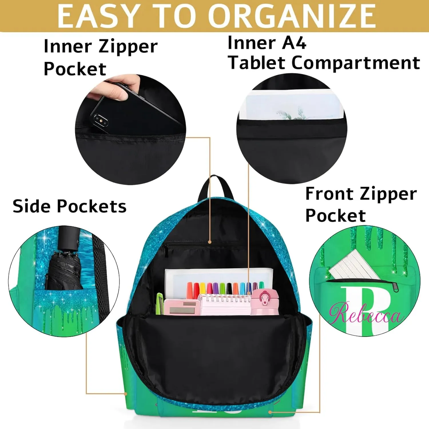 Custom Backpack with Initial & Name Personalized Shoulder Bag for Women Men Waterproof Travel Casual Backpack 15.1in, Blue Green