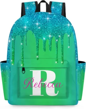 Custom Backpack with Initial & Name Personalized Shoulder Bag for Women Men Waterproof Travel Casual Backpack 15.1in, Blue Green