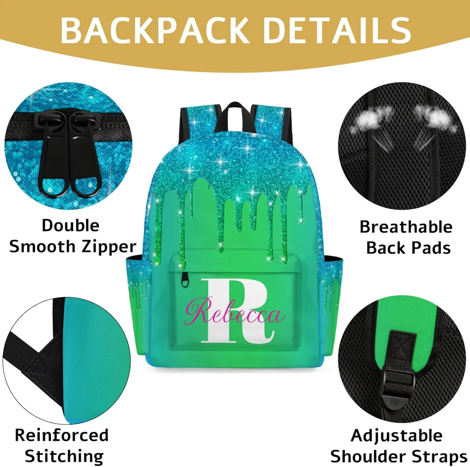 Custom Backpack with Initial & Name Personalized Shoulder Bag for Women Men Waterproof Travel Casual Backpack 15.1in, Blue Green