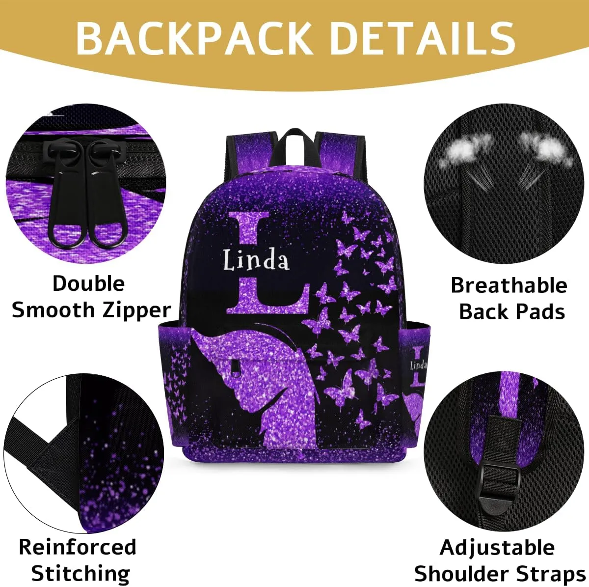 Custom Backpack with Name, Personalized Initial Letter Travel Backpack, DarkVoilet Glittering Butterflies Dreamy, Black Background