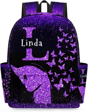 Custom Backpack with Name, Personalized Initial Letter Travel Backpack, DarkVoilet Glittering Butterflies Dreamy, Black Background