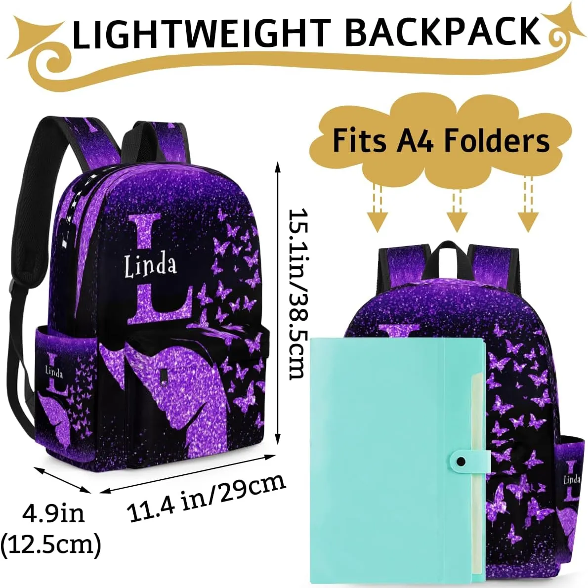 Custom Backpack with Name, Personalized Initial Letter Travel Backpack, DarkVoilet Glittering Butterflies Dreamy, Black Background