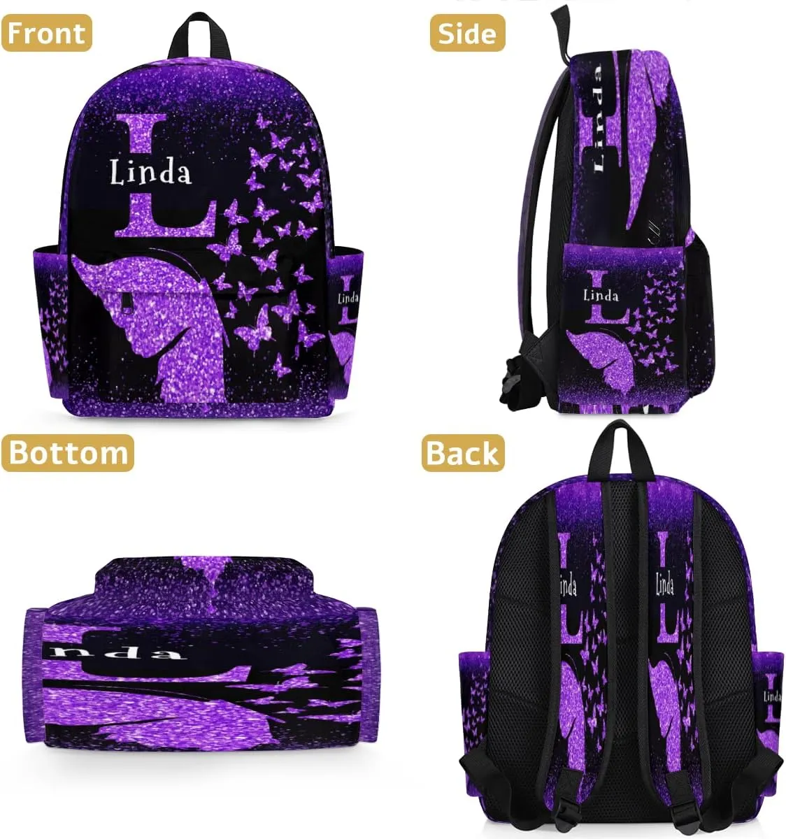 Custom Backpack with Name, Personalized Initial Letter Travel Backpack, DarkVoilet Glittering Butterflies Dreamy, Black Background