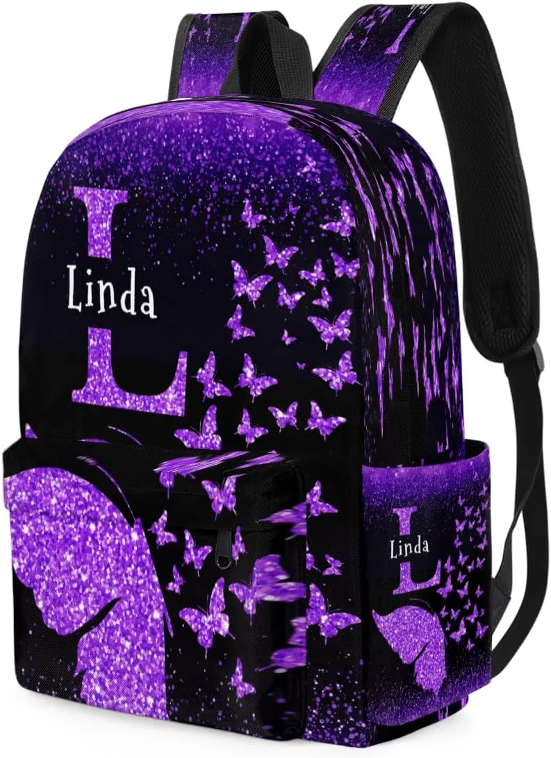 Custom Backpack with Name, Personalized Initial Letter Travel Backpack, DarkVoilet Glittering Butterflies Dreamy, Black Background