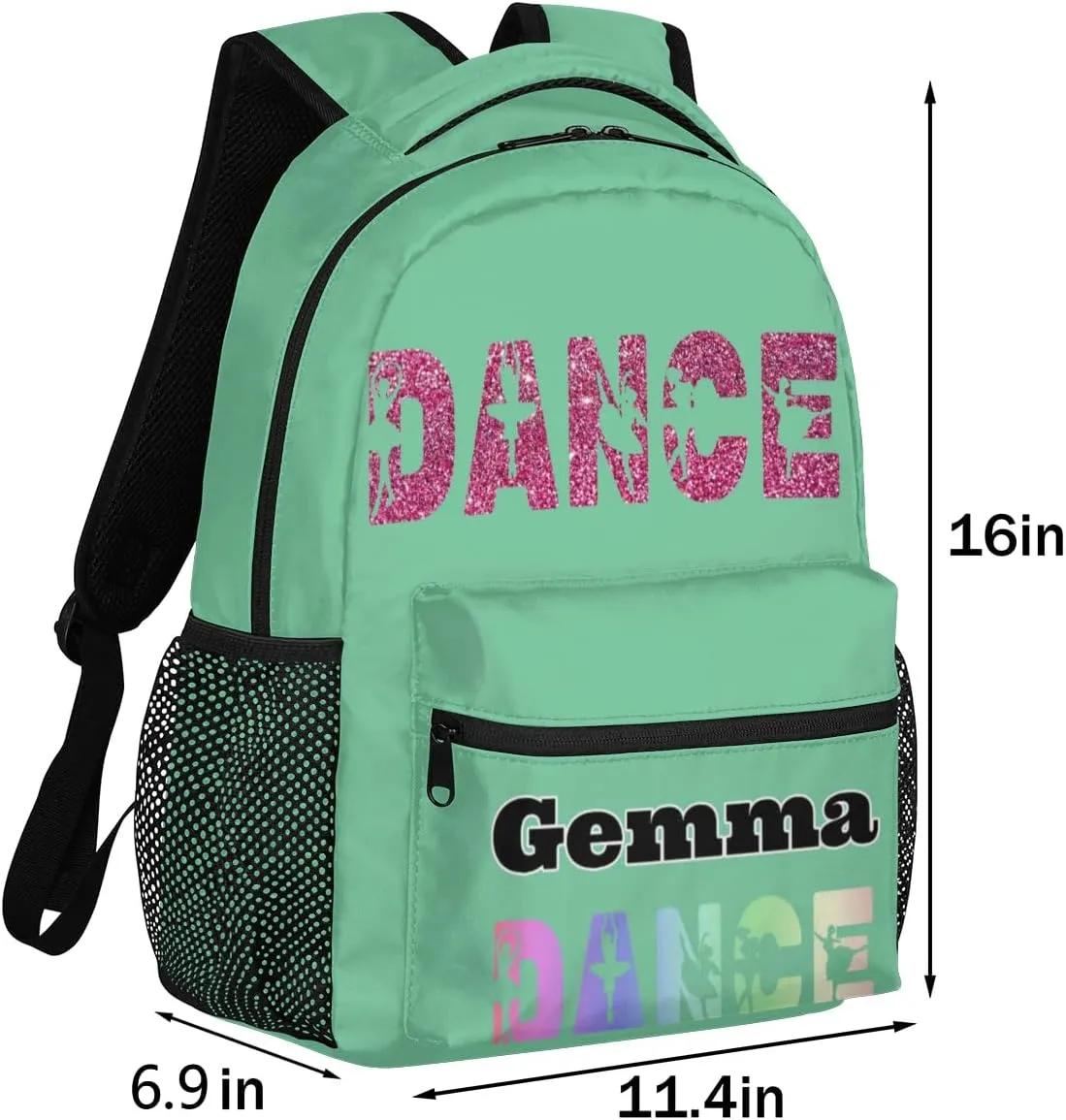 Custom DANCE Backpack Personalized Shoulder Bag with Name Casual Workout Traveling Bag 16in Mint Green