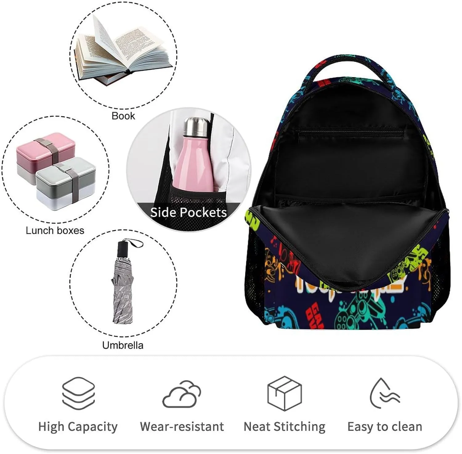 Custom Gamepad School Backpack for Kids Girls Boys, 16 Inch Cute Gaming Themed Bookbag, Personalized School Backpack for Students Children, Lightweight, Large Capacity
