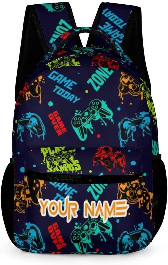 Custom Gamepad School Backpack for Kids Girls Boys, 16 Inch Cute Gaming Themed Bookbag, Personalized School Backpack for Students Children, Lightweight, Large Capacity