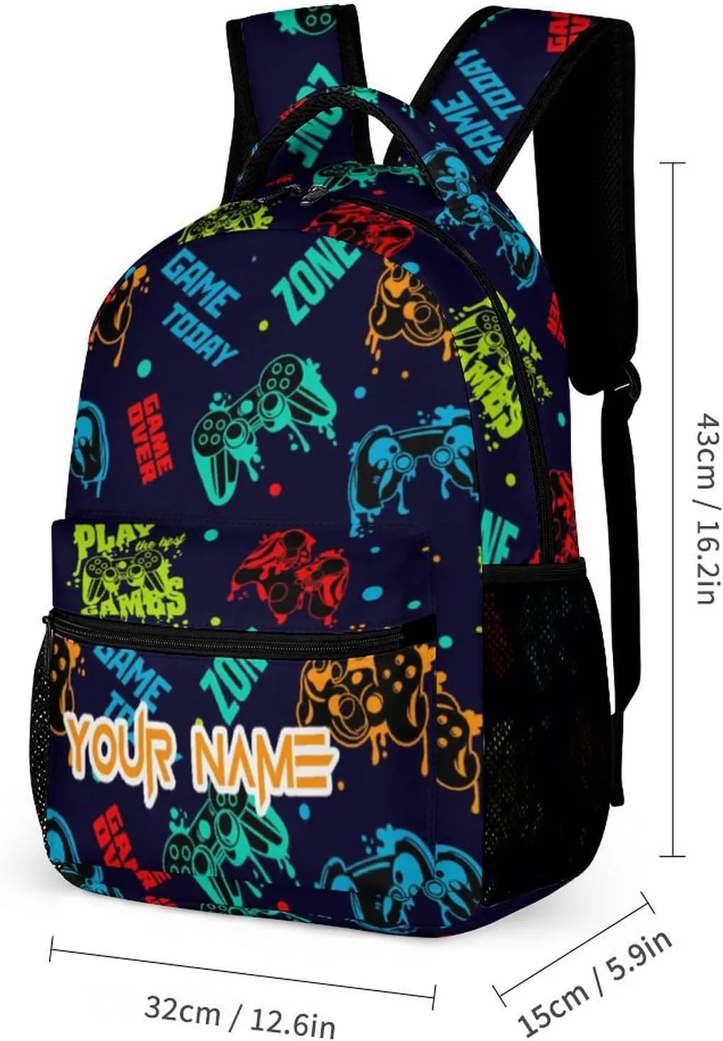 Custom Gamepad School Backpack for Kids Girls Boys, 16 Inch Cute Gaming Themed Bookbag, Personalized School Backpack for Students Children, Lightweight, Large Capacity