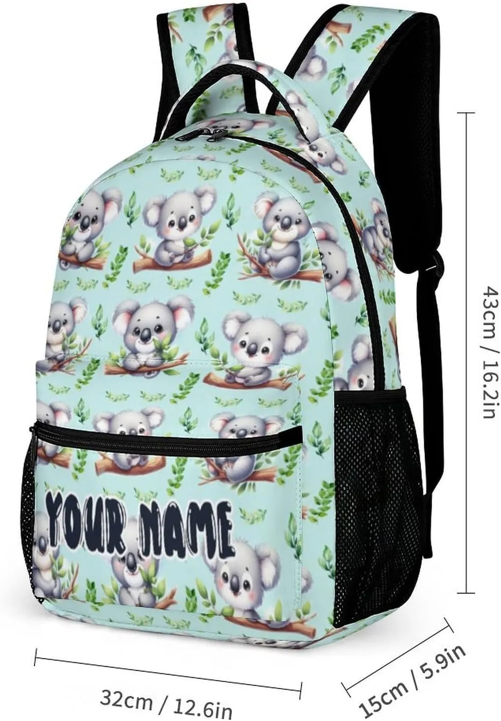 Custom Koala Backpack for Kids Girls Boys School, 16 Inches Cute Koala Theme Bookbag, Adjustable, Lightweight, Large Capacity, Colorful Backpack for School