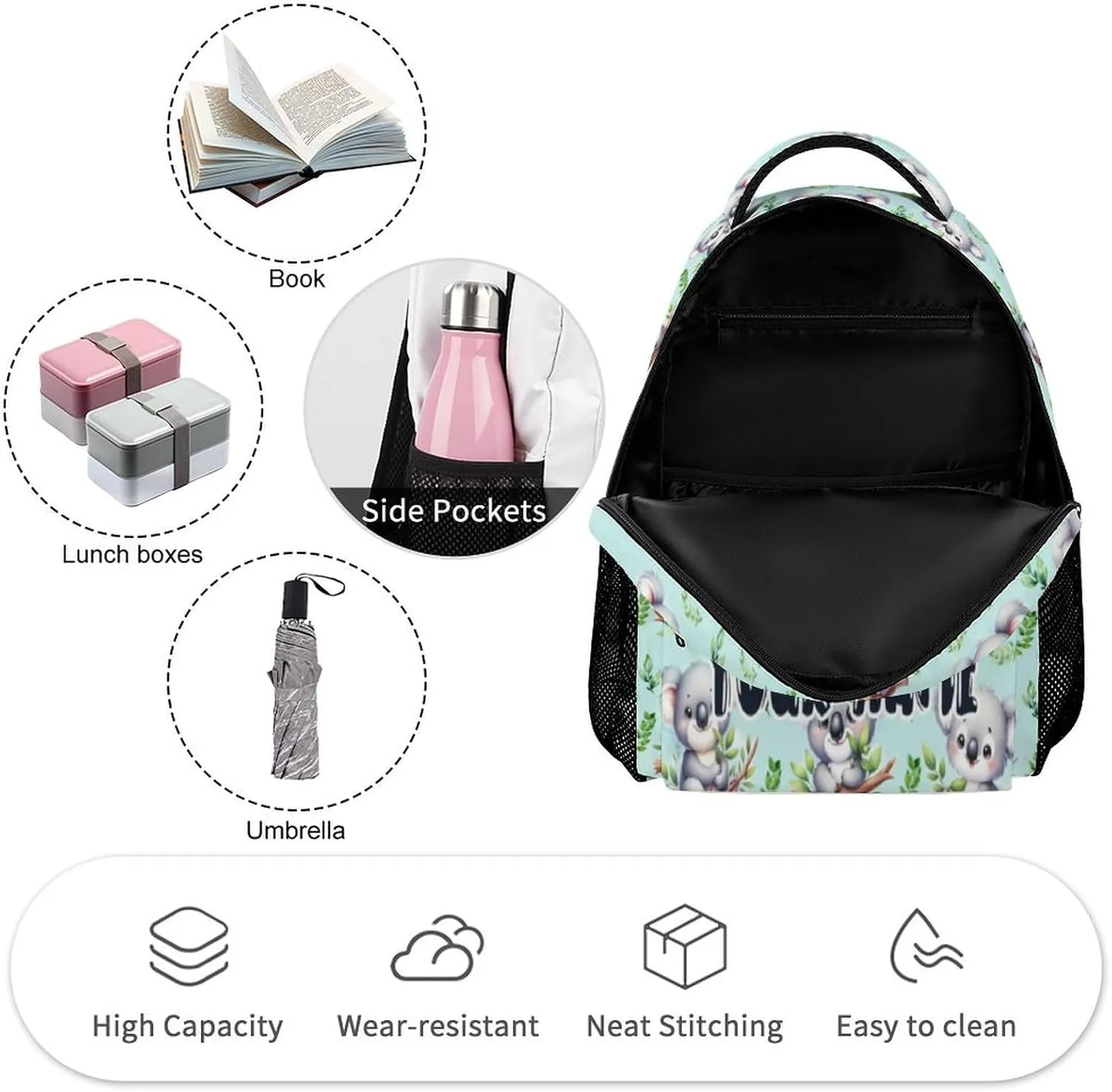 Custom Koala Backpack for Kids Girls Boys School, 16 Inches Cute Koala Theme Bookbag, Adjustable, Lightweight, Large Capacity, Colorful Backpack for School