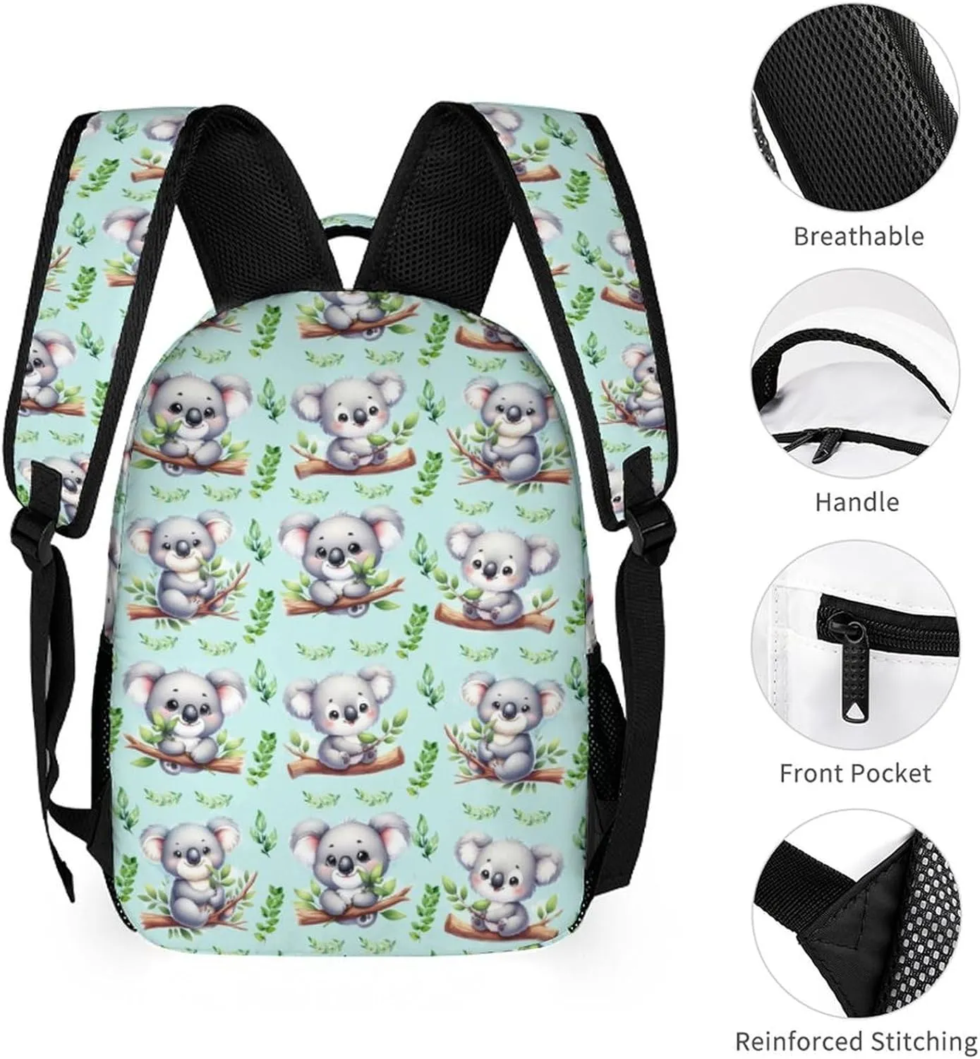 Custom Koala Backpack for Kids Girls Boys School, 16 Inches Cute Koala Theme Bookbag, Adjustable, Lightweight, Large Capacity, Colorful Backpack for School