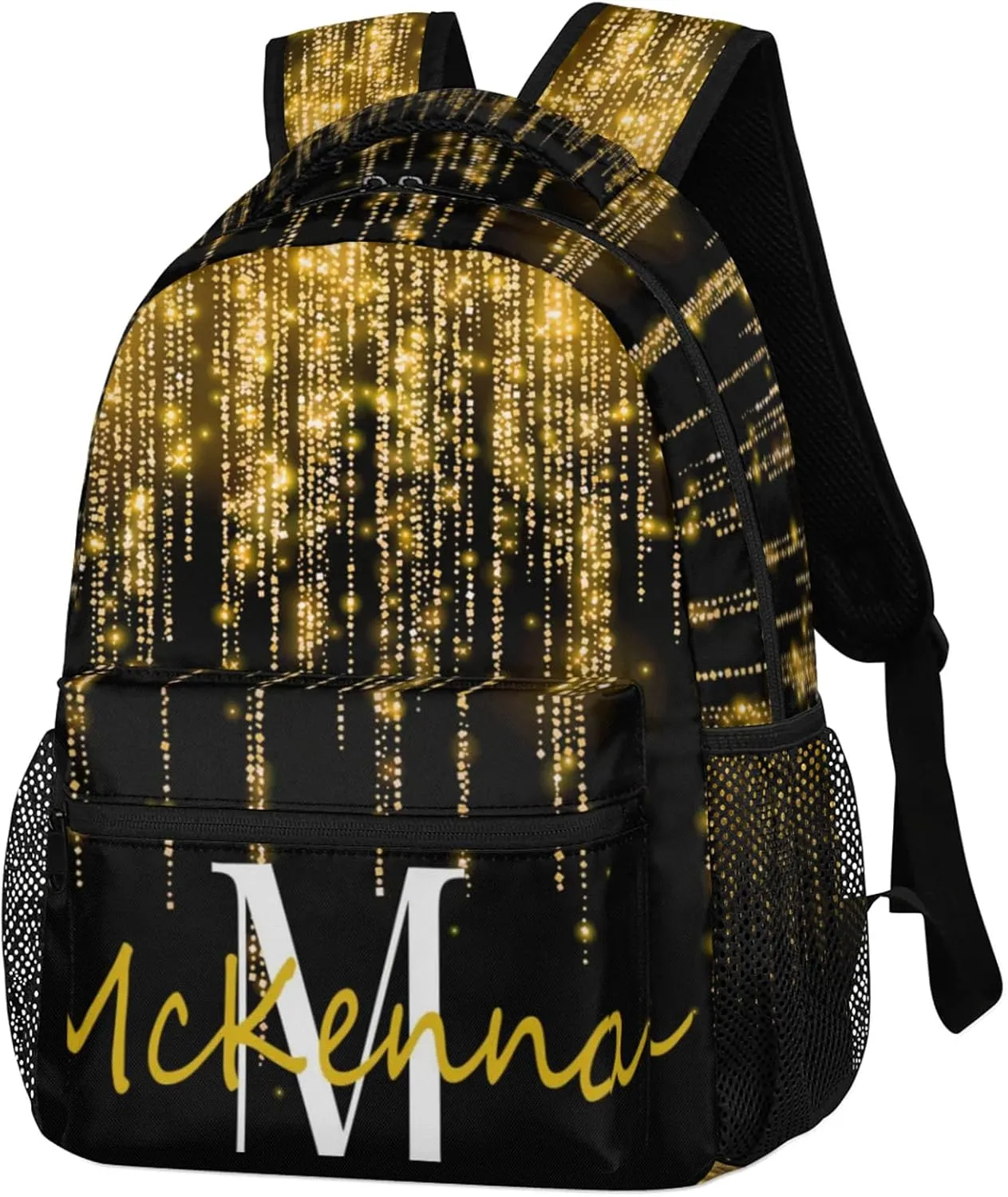 Custom Name Backpack Personalized Large Shoulder Bag Casual Traveling Bag 16in Bright Sparkly Effect Gold Stars Glittering