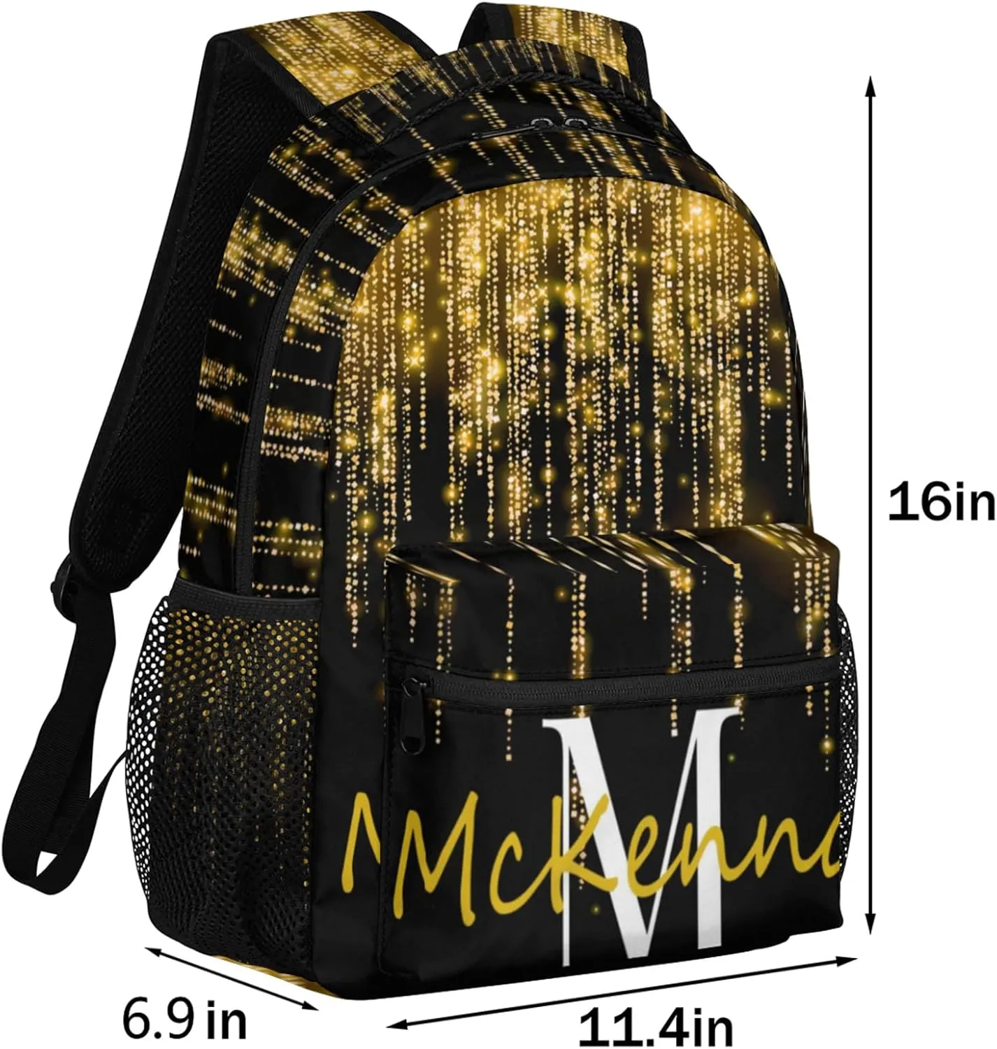 Custom Name Backpack Personalized Large Shoulder Bag Casual Traveling Bag 16in Bright Sparkly Effect Gold Stars Glittering