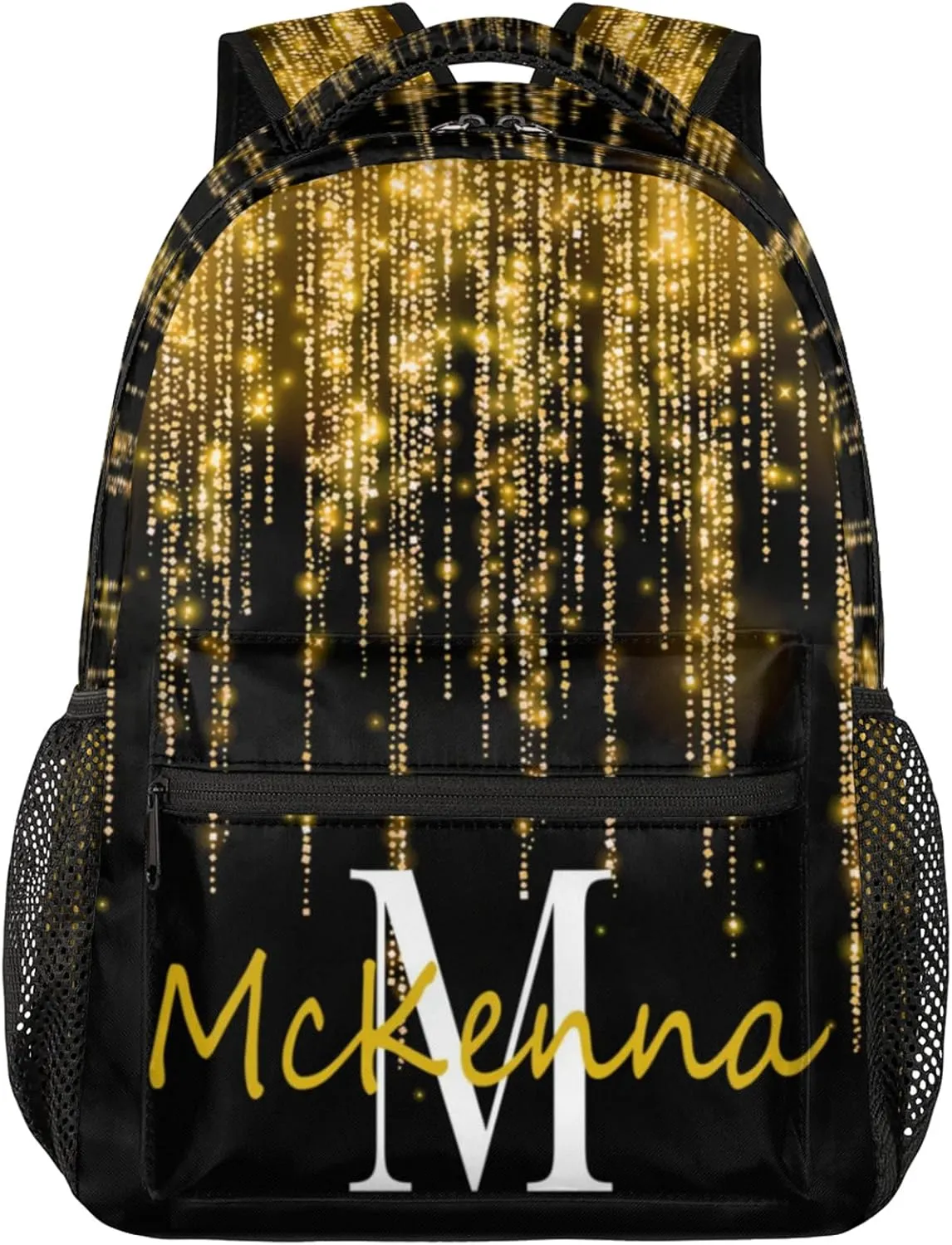 Custom Name Backpack Personalized Large Shoulder Bag Casual Traveling Bag 16in Bright Sparkly Effect Gold Stars Glittering