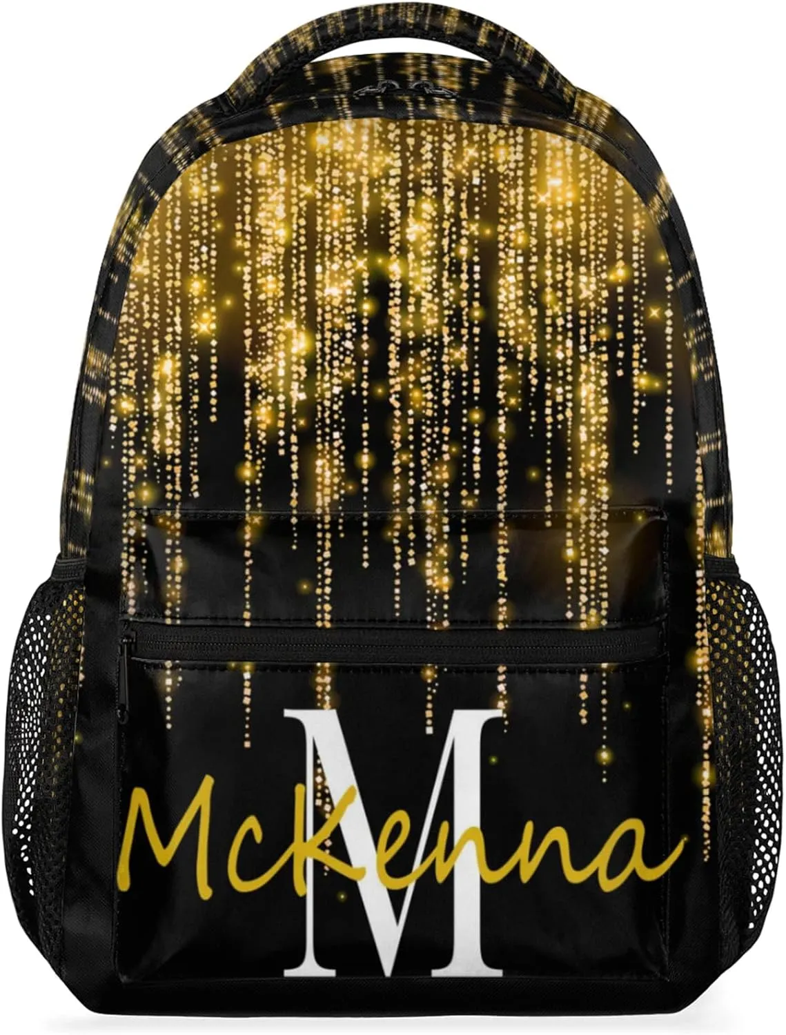 Custom Name Backpack Personalized Large Shoulder Bag Casual Traveling Bag 16in Bright Sparkly Effect Gold Stars Glittering