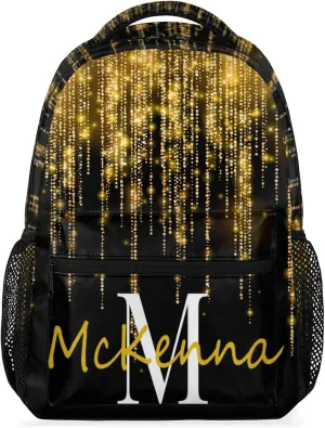 Custom Name Backpack Personalized Large Shoulder Bag Casual Traveling Bag 16in Bright Sparkly Effect Gold Stars Glittering