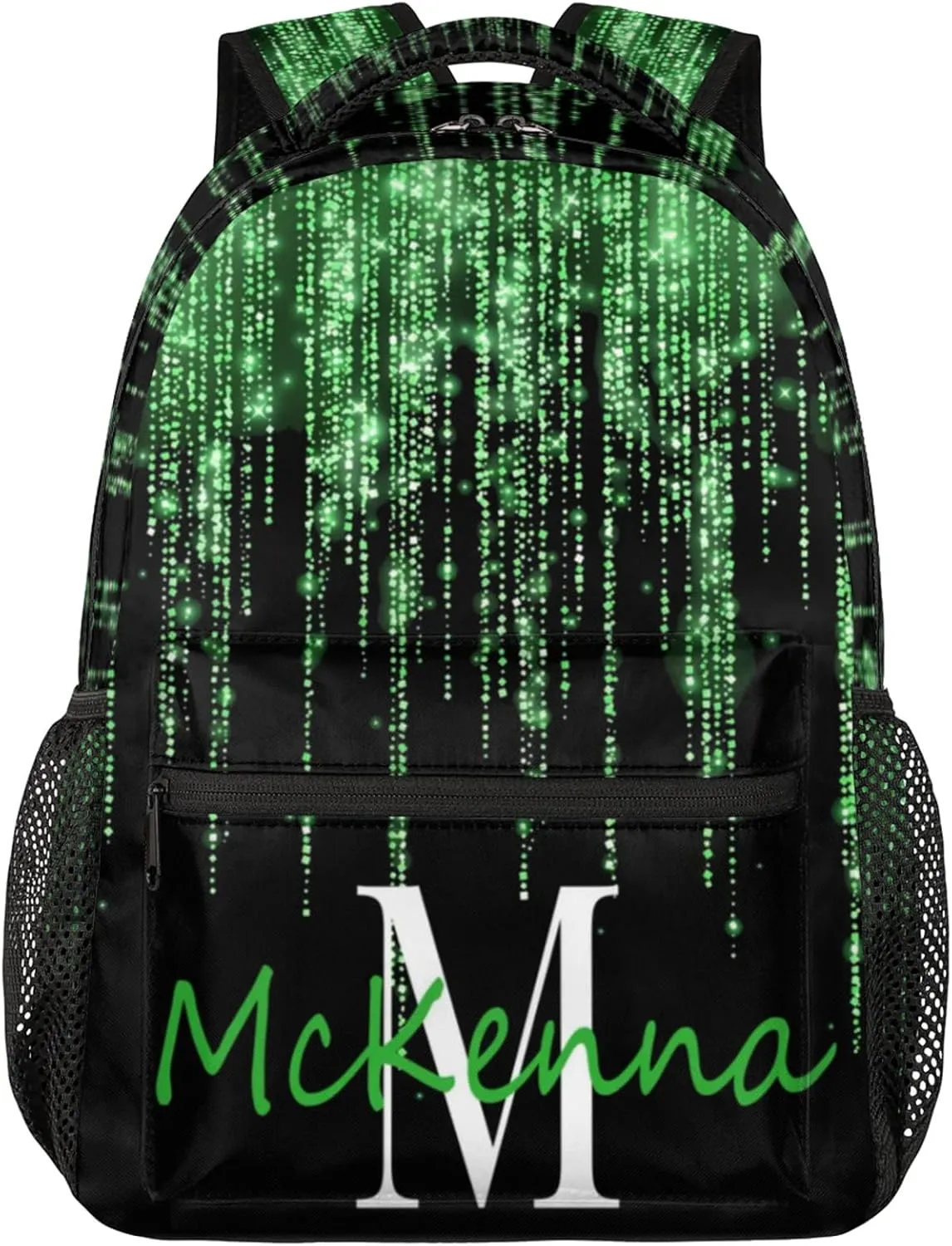Custom Your Name Backpack, Adult Backpack for Daycare Travel, Grass Green Shiny Bling Glitter Curtain Effect with Black Personalized Name Bag 16in