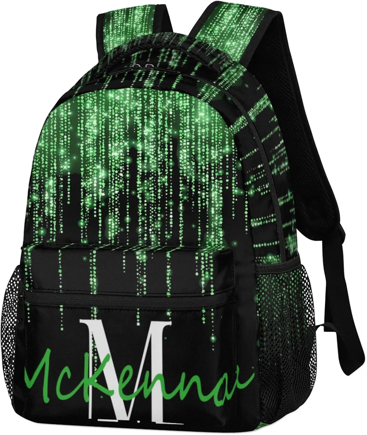 Custom Your Name Backpack, Adult Backpack for Daycare Travel, Grass Green Shiny Bling Glitter Curtain Effect with Black Personalized Name Bag 16in