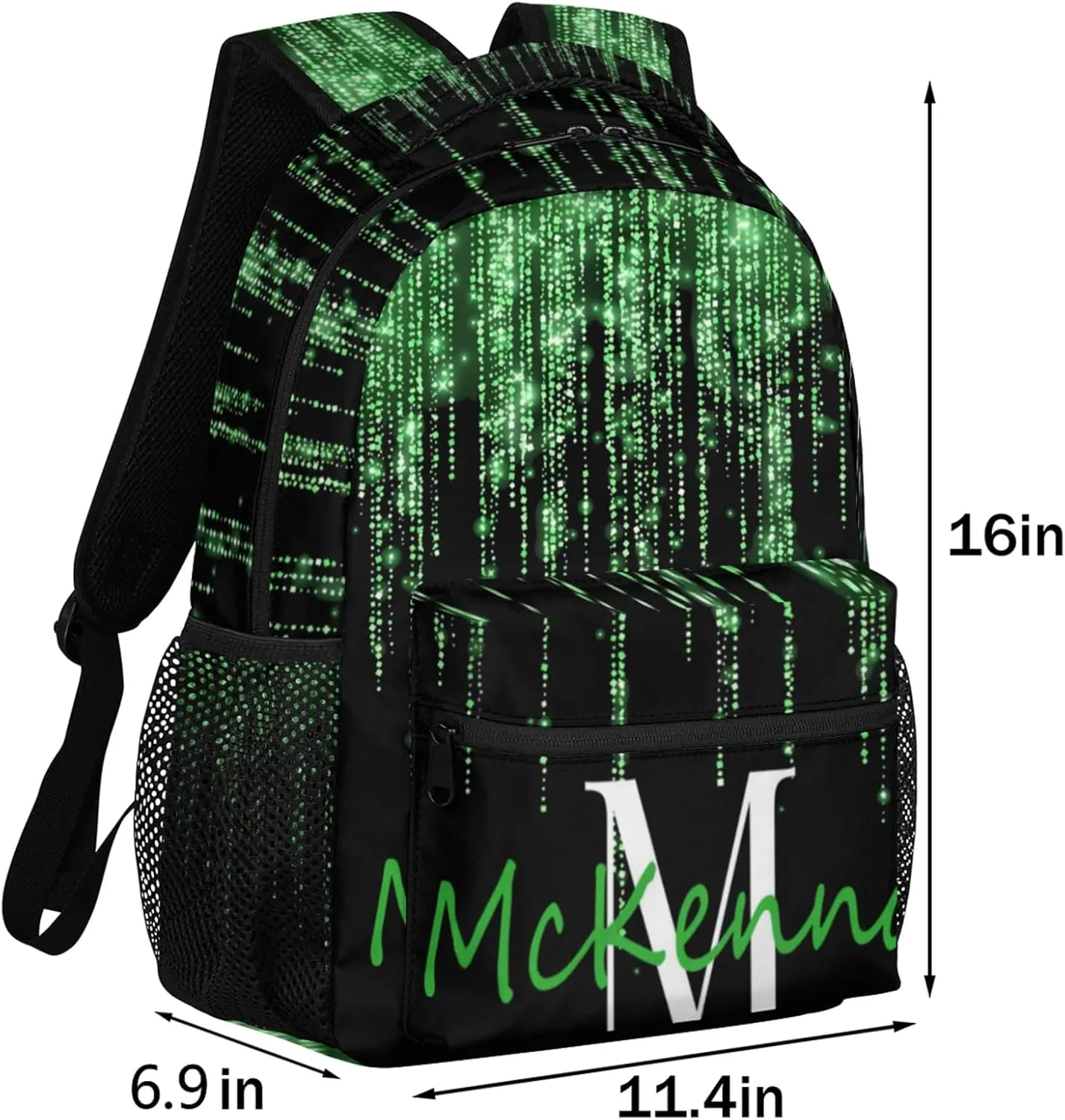 Custom Your Name Backpack, Adult Backpack for Daycare Travel, Grass Green Shiny Bling Glitter Curtain Effect with Black Personalized Name Bag 16in