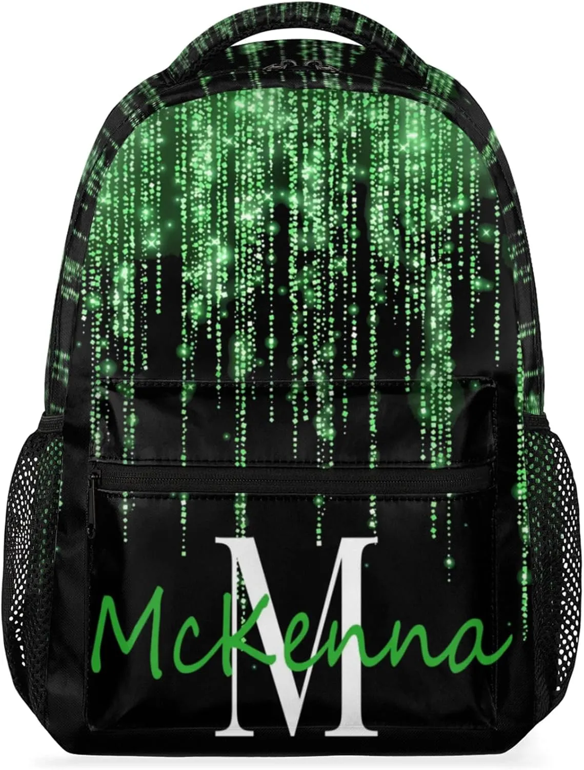 Custom Your Name Backpack, Adult Backpack for Daycare Travel, Grass Green Shiny Bling Glitter Curtain Effect with Black Personalized Name Bag 16in