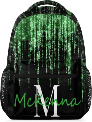 Custom Your Name Backpack, Adult Backpack for Daycare Travel, Grass Green Shiny Bling Glitter Curtain Effect with Black Personalized Name Bag 16in