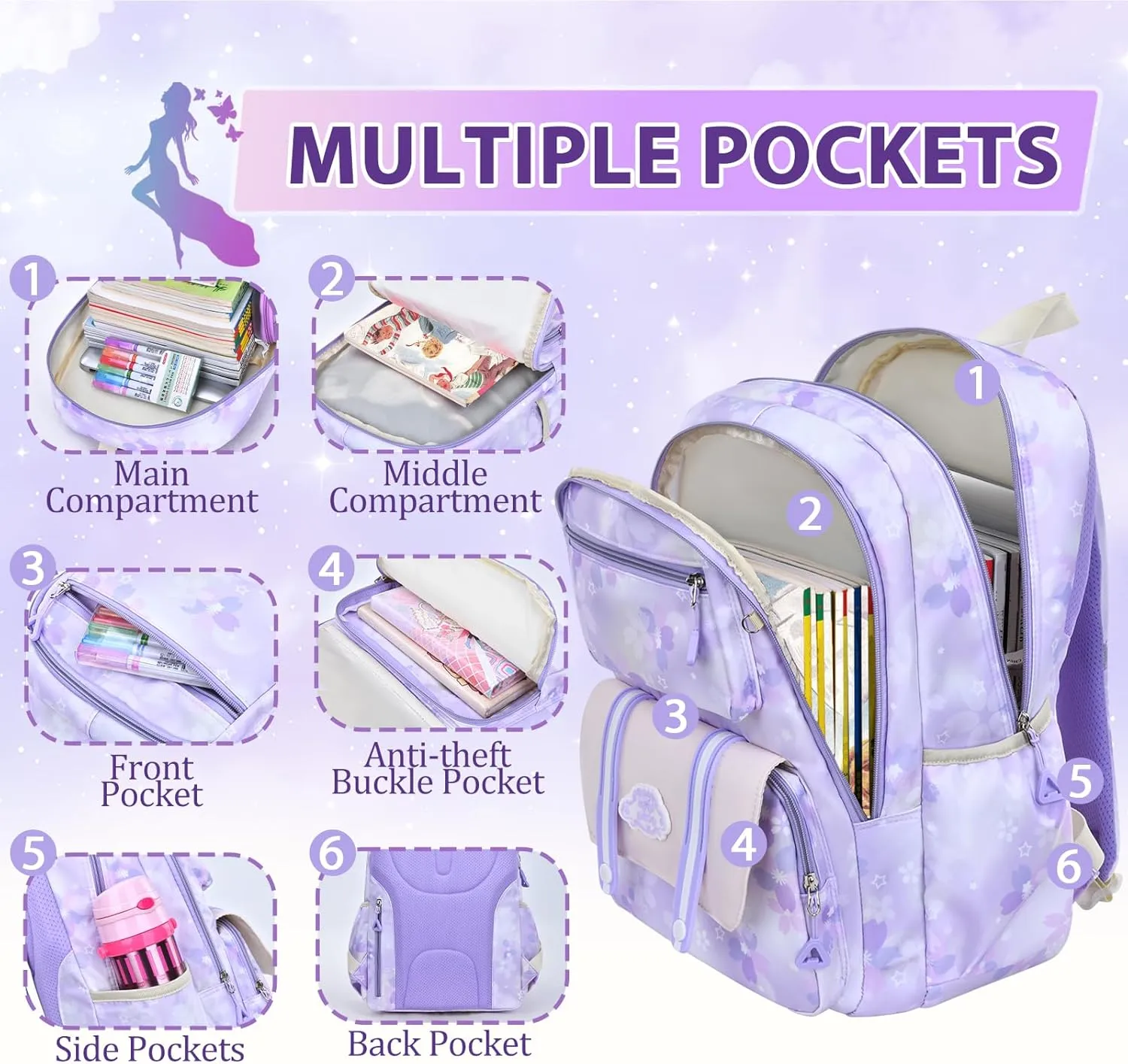 Cute Girls Backpack - Stylish School Bag for Students Versatile Chic and Splash-Proof with Multiple Pockets（17inch Set Purple）