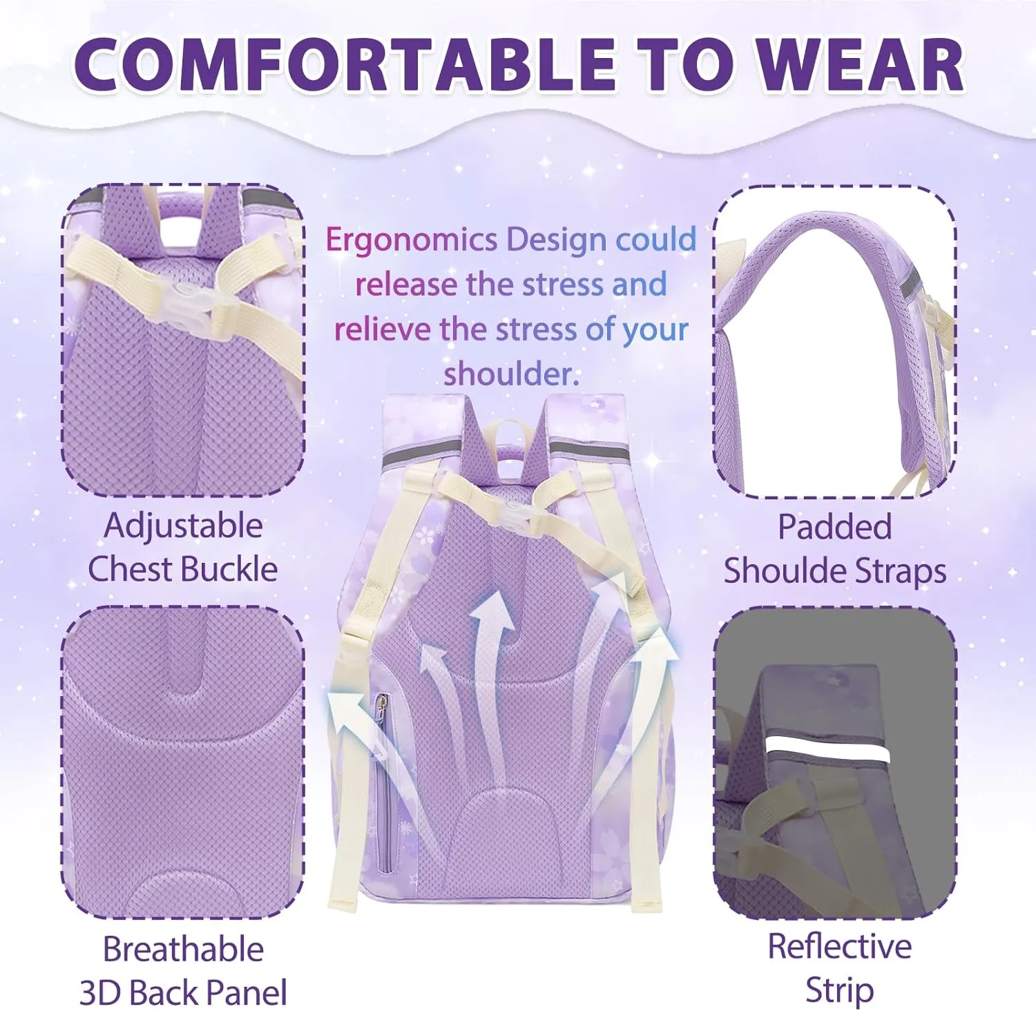 Cute Girls Backpack - Stylish School Bag for Students Versatile Chic and Splash-Proof with Multiple Pockets（17inch Set Purple）