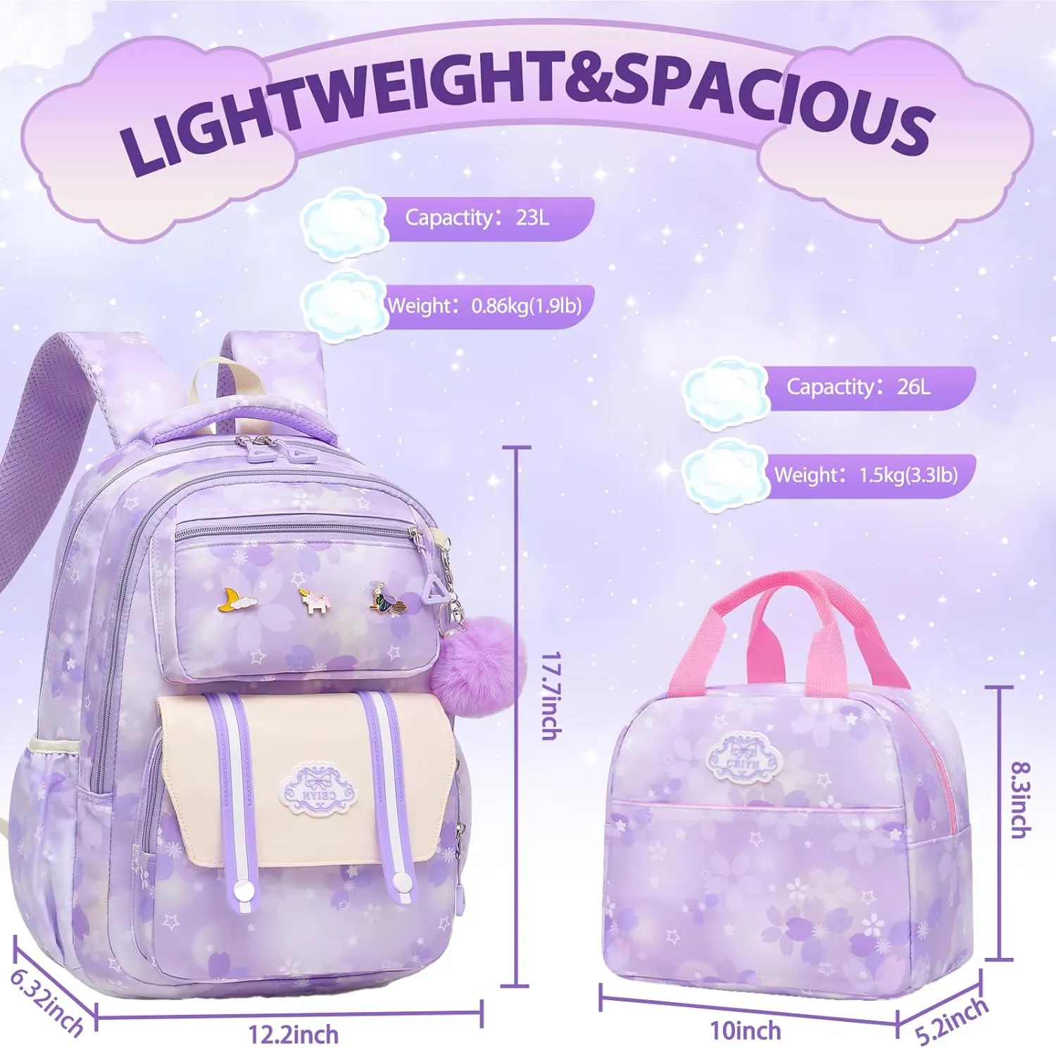 Cute Girls Backpack - Stylish School Bag for Students Versatile Chic and Splash-Proof with Multiple Pockets（17inch Set Purple）
