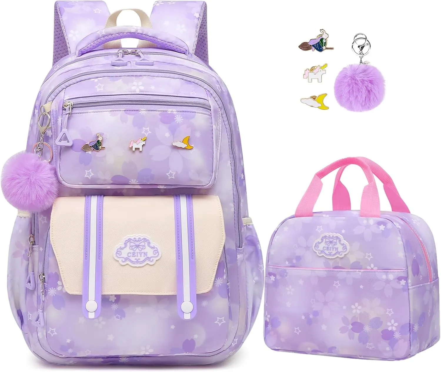 Cute Girls Backpack - Stylish School Bag for Students Versatile Chic and Splash-Proof with Multiple Pockets（17inch Set Purple）