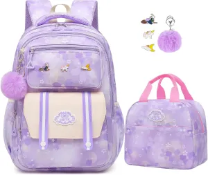 Cute Girls Backpack - Stylish School Bag for Students Versatile Chic and Splash-Proof with Multiple Pockets（17inch Set Purple）