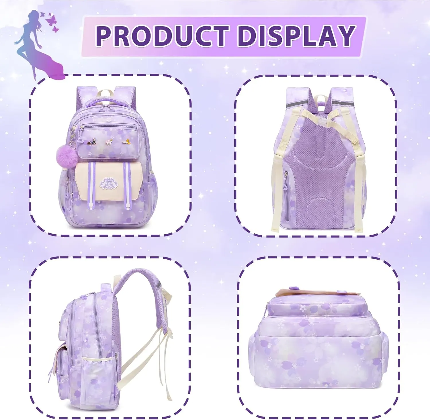 Cute Girls Backpack - Stylish School Bag for Students Versatile Chic and Splash-Proof with Multiple Pockets（17inch Set Purple）