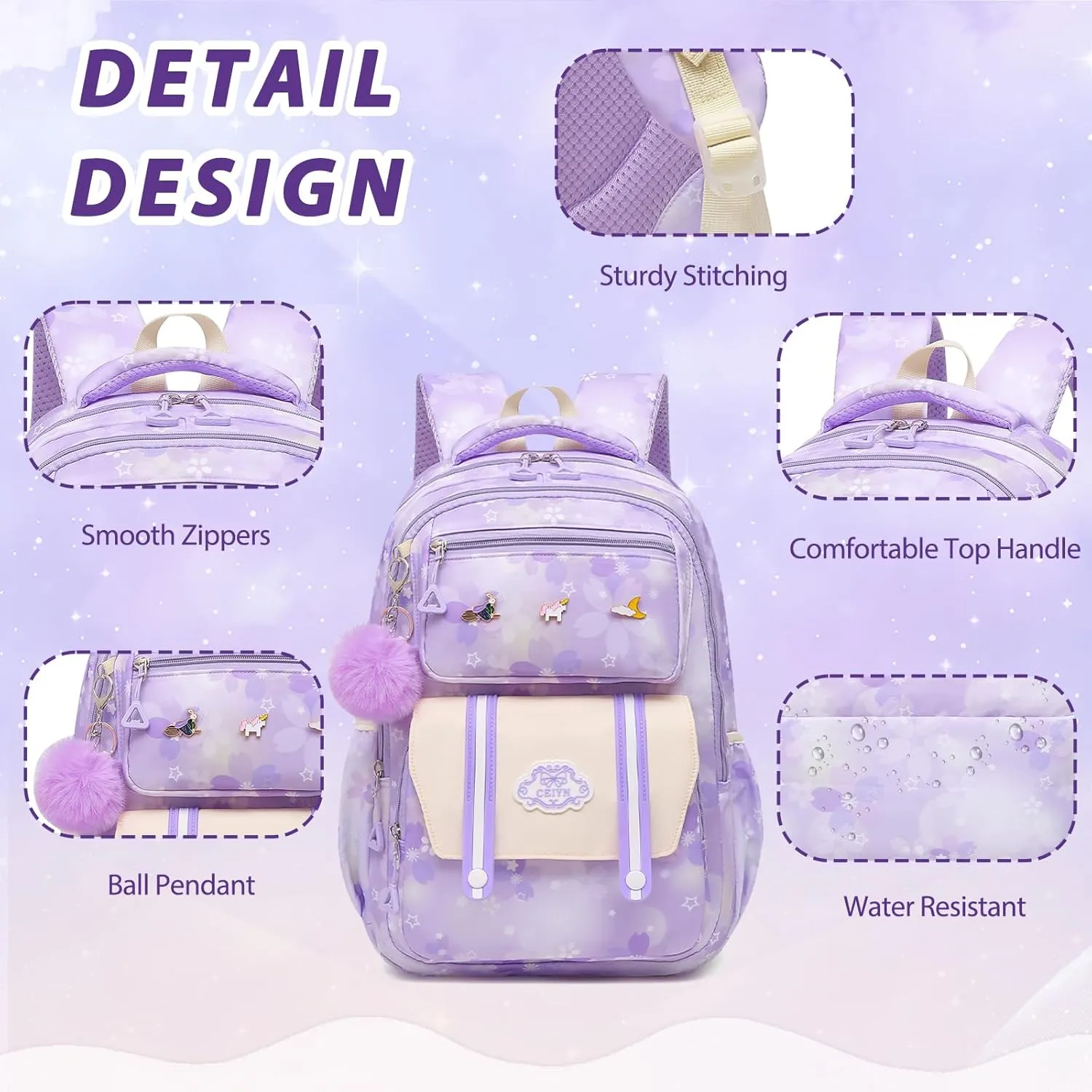 Cute Girls Backpack - Stylish School Bag for Students Versatile Chic and Splash-Proof with Multiple Pockets（17inch Set Purple）