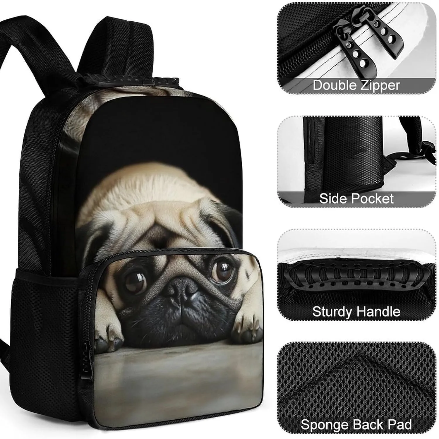 Cute Pug Daypack Polyester Anti-Theft Multipurpose Bookbag Big Capacity Gym Outdoor Hiking Backpack With Adjustable Shoulder Straps