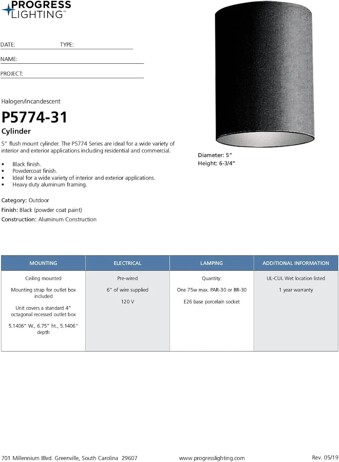 Cylinder Collection 5" Modern Outdoor Ceiling Light Black