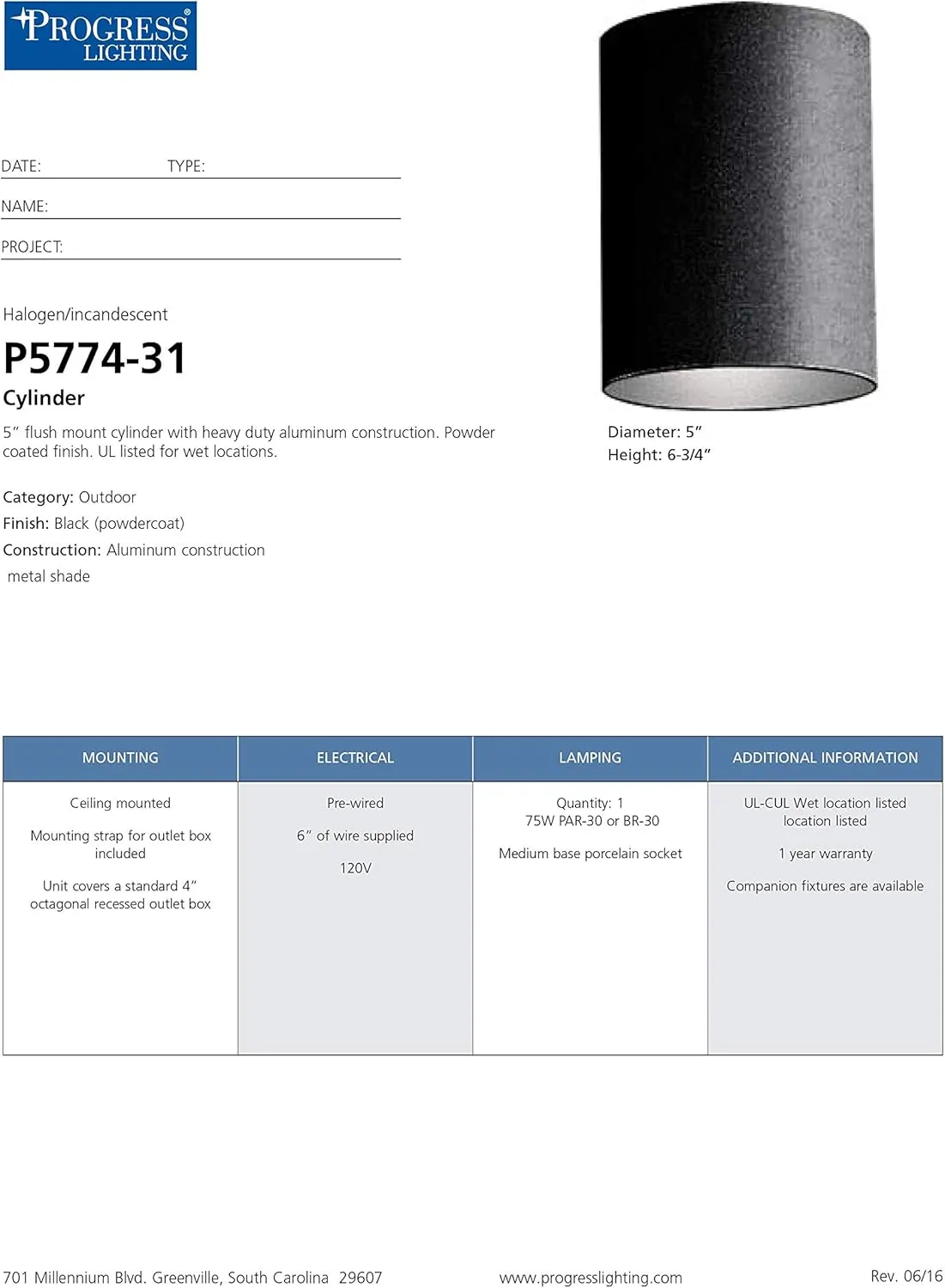 Cylinder Collection 5" Modern Outdoor Ceiling Light Black