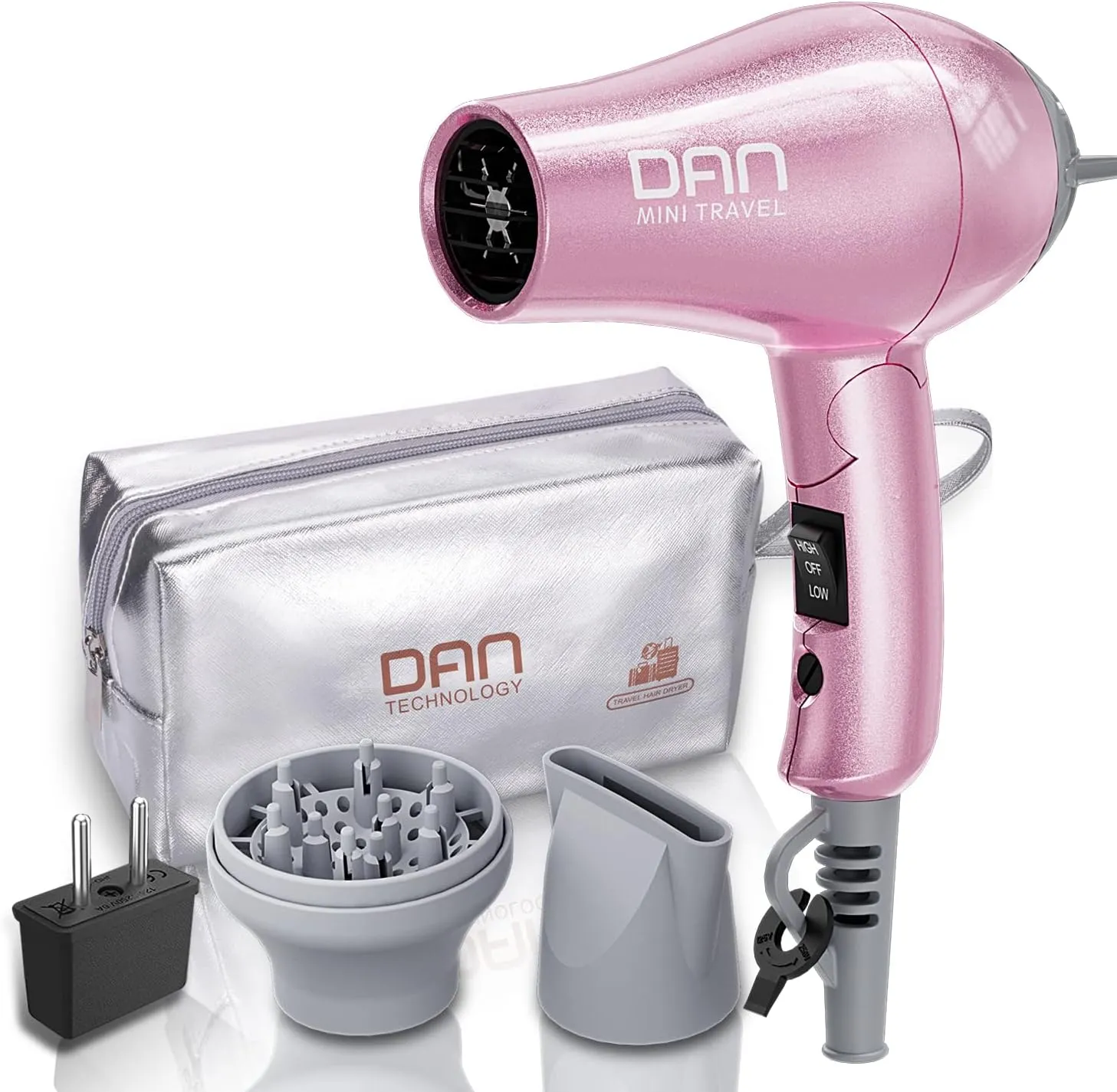 DAN Technology Travel Dual Voltage Mini Blow Dryer with Concentrator,Small Hair Dryer with Diffuser,European Hair Dryer with European Plug,Pink Blow Dryer for Women