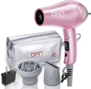 DAN Technology Travel Dual Voltage Mini Blow Dryer with Concentrator,Small Hair Dryer with Diffuser,European Hair Dryer with European Plug,Pink Blow Dryer for Women