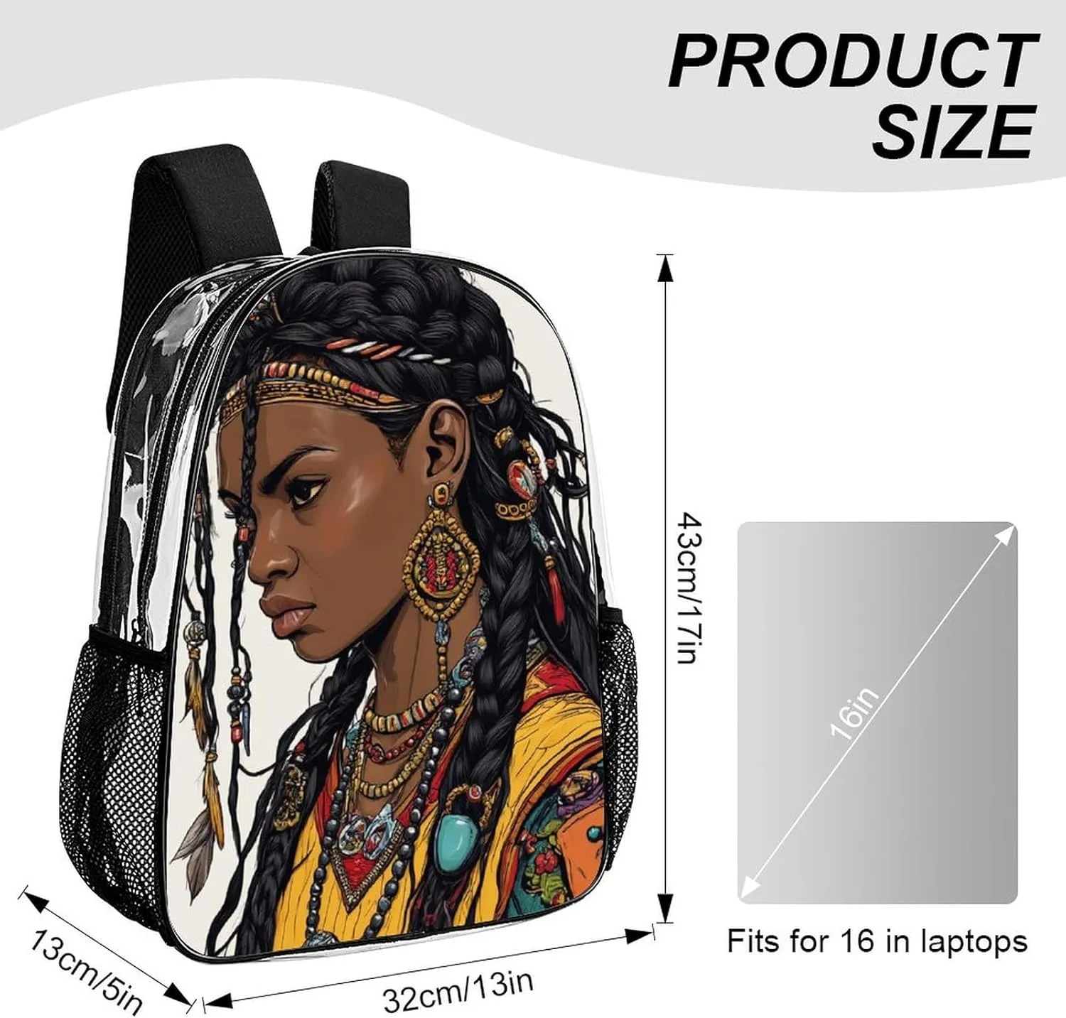 Daypack Bookbag Multipurpose Anti-Theft Big Capacity Carry On Bag - African American Tribal Ethnic Black woman Art Travel Hiking & Camping Rucksack Transparent Bag