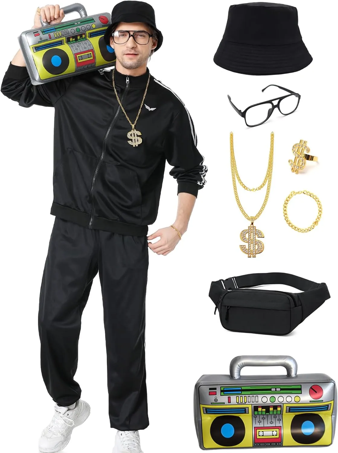 Deaboat 80s Tracksuit for Men Halloween Costumes Retro Windbreaker Outfit 90s Mens Track Suits Sportswear 9Pcs