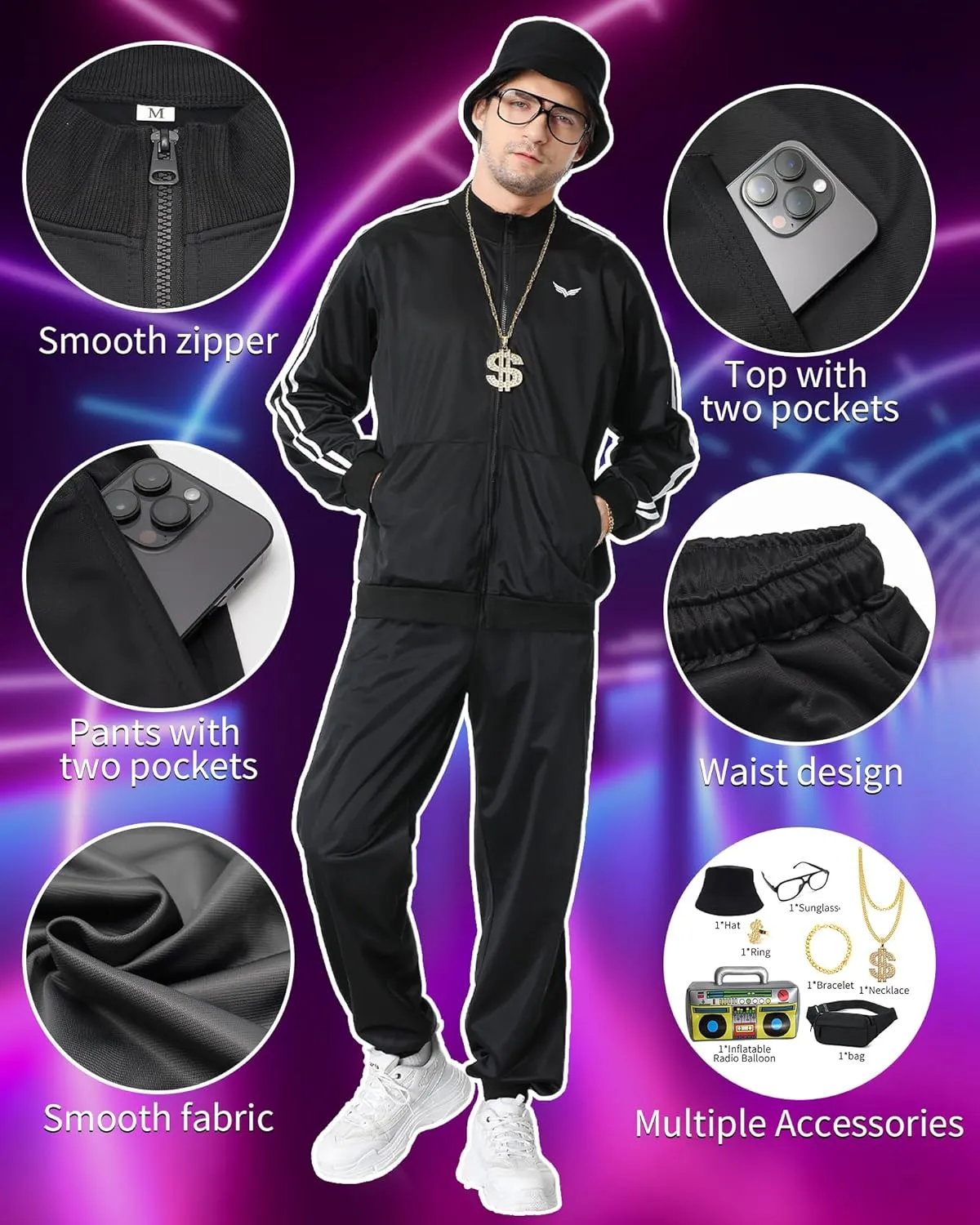Deaboat 80s Tracksuit for Men Halloween Costumes Retro Windbreaker Outfit 90s Mens Track Suits Sportswear 9Pcs