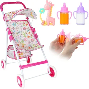 deAO Baby Doll Stroller for Girls, Baby Doll Accessories with Feeding Bottle Simulated Juice Milk and Rattle Toy, Foldable Doll Stroller for Toddler Kids Boys Girls, for 12in 14in 16in Doll