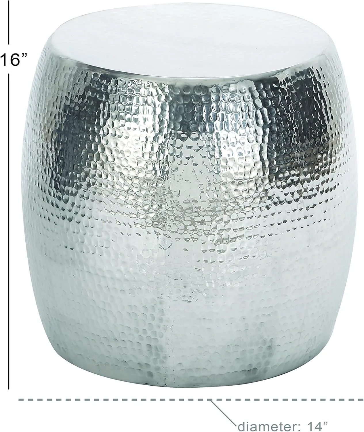 Deco 79 Aluminum Metal Side End Accent Table Drum Shaped End Table with Hammered Design, Side Table 14" x 14" x 16", Silver