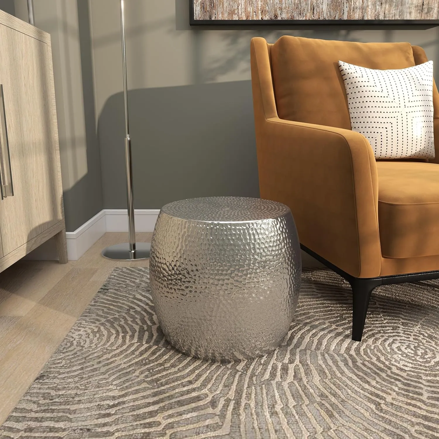 Deco 79 Aluminum Metal Side End Accent Table Drum Shaped End Table with Hammered Design, Side Table 14" x 14" x 16", Silver