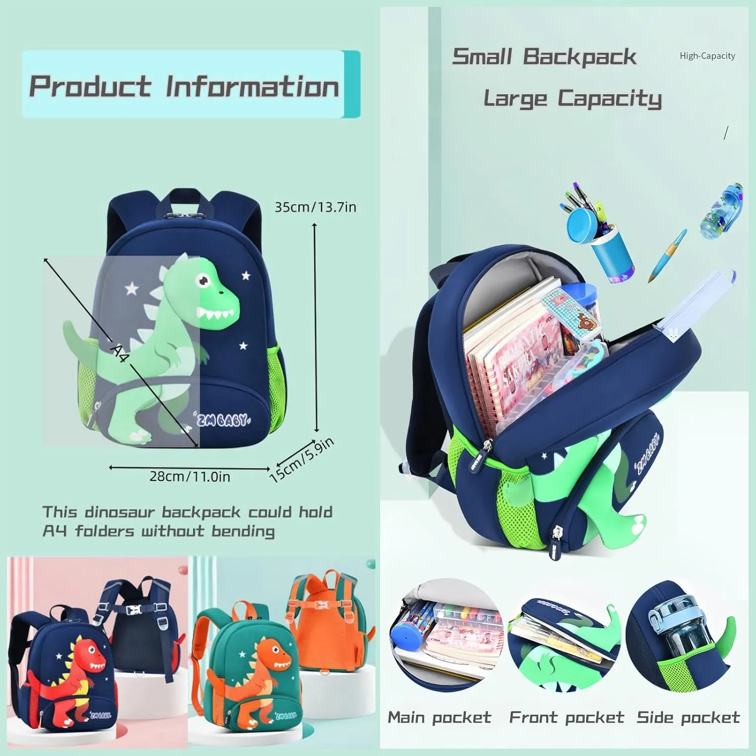 Dinosaur Anti-lost Backpack for Boys Kindergarten Preschool Bookbag with Chest Strap, Toddler Boys Backpack Daycare Bag, B-Blue Green