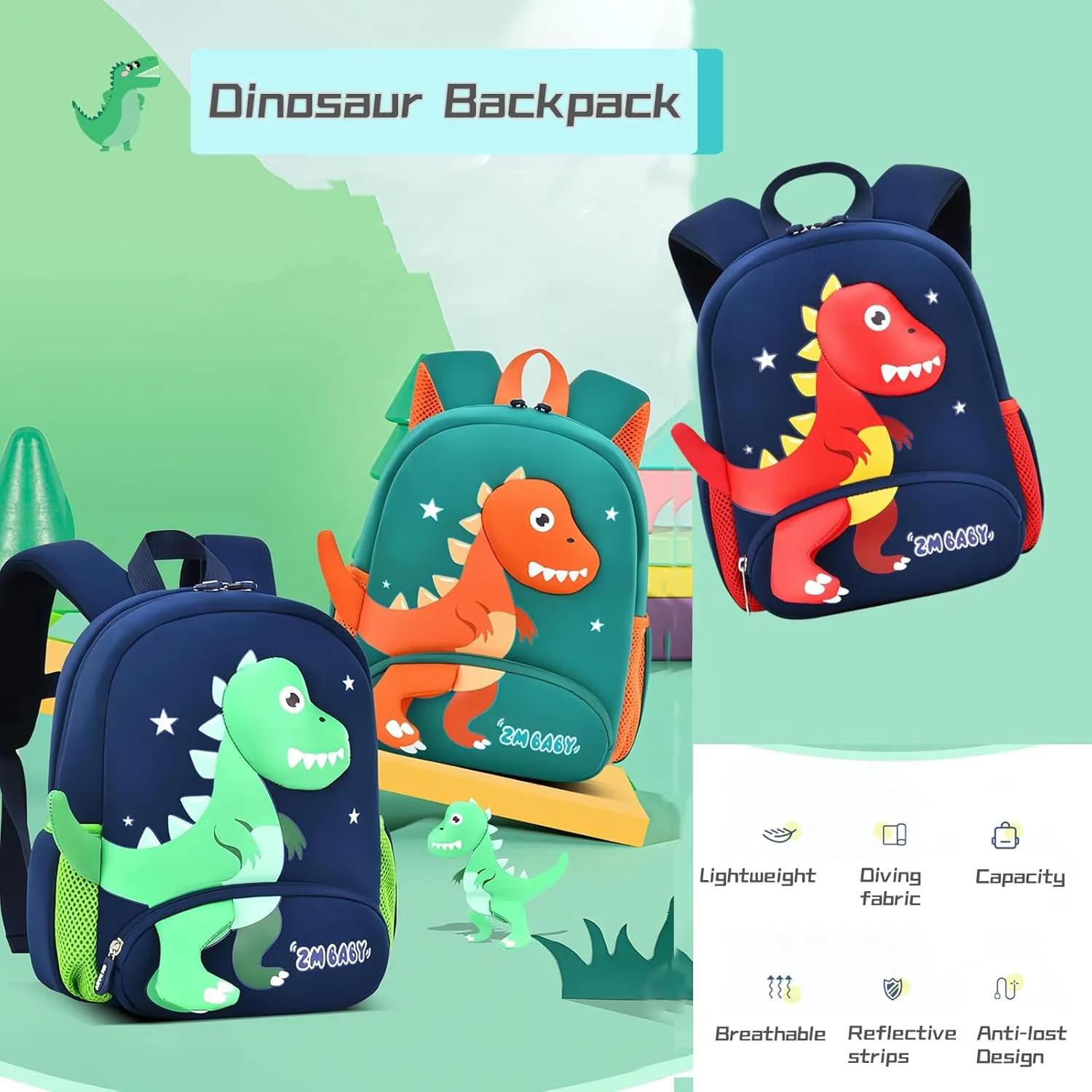 Dinosaur Anti-lost Backpack for Boys Kindergarten Preschool Bookbag with Chest Strap, Toddler Boys Backpack Daycare Bag, B-Blue Green