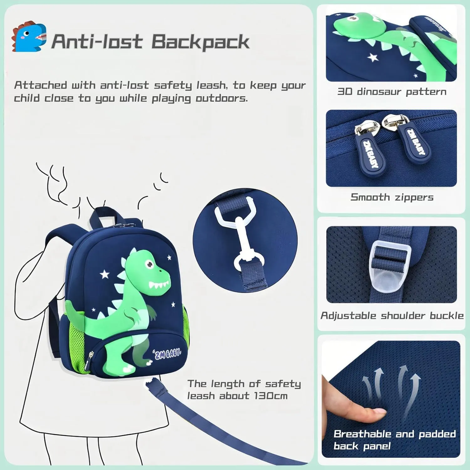 Dinosaur Anti-lost Backpack for Boys Kindergarten Preschool Bookbag with Chest Strap, Toddler Boys Backpack Daycare Bag, B-Blue Green